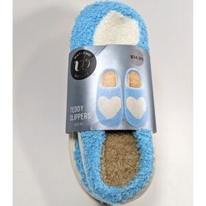 Wayland Square Hearts Teddy Slippers Women's Size Small 5-6 Blue & White